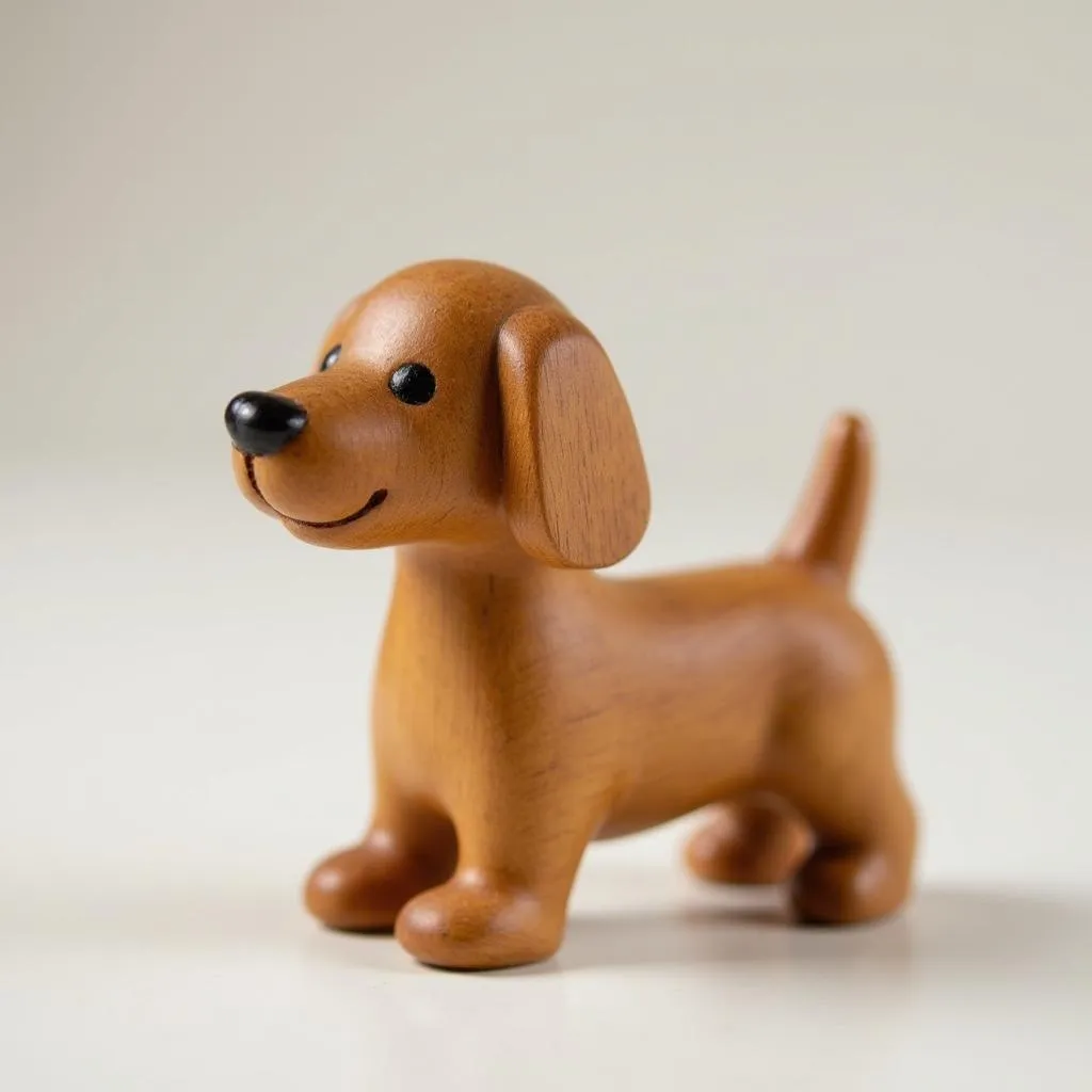 Small carved cherry wood dog statue, featuring a cute and playful design