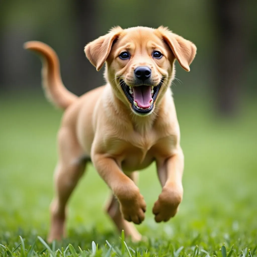 Yellow Black Mouth Cur Puppy Playing in a Park