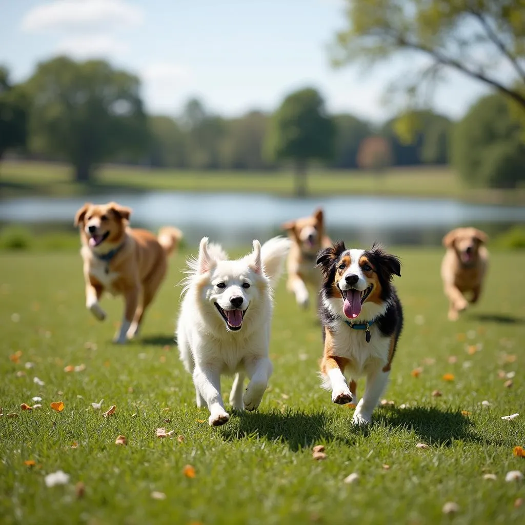 Dogs playing off-leash in the spacious park area at Young Lakes Via Dog Lake